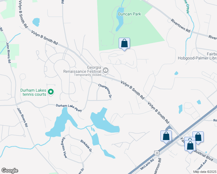 map of restaurants, bars, coffee shops, grocery stores, and more near 321 Champions Drive in Fairburn