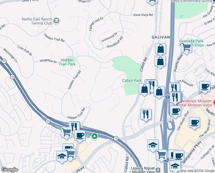 map of restaurants, bars, coffee shops, grocery stores, and more near 27501 Boothill Court in Laguna Hills