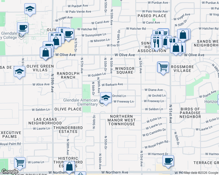 map of restaurants, bars, coffee shops, grocery stores, and more near 8632 North 55th Avenue in Glendale