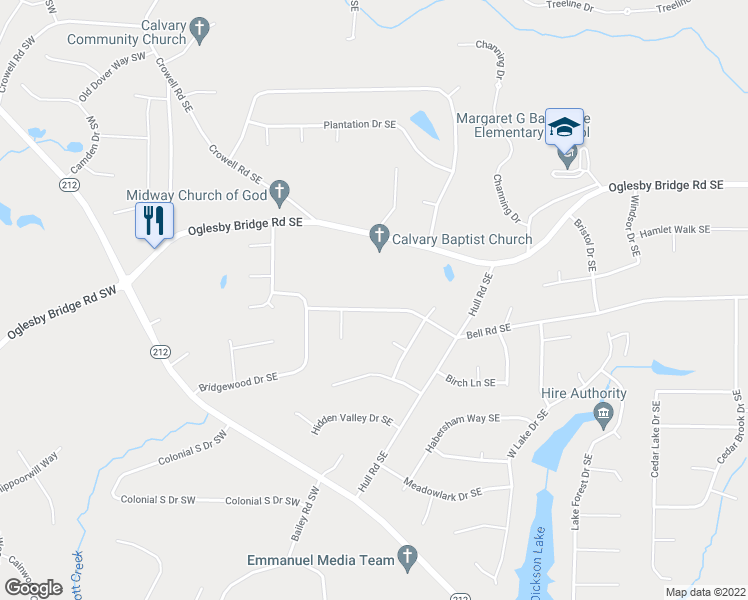 map of restaurants, bars, coffee shops, grocery stores, and more near 350 Bridgewood Drive Southeast in Conyers