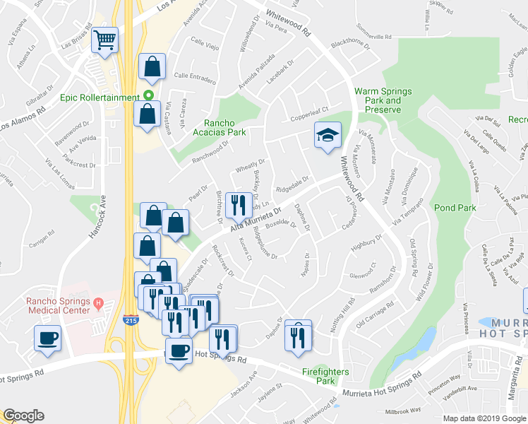 map of restaurants, bars, coffee shops, grocery stores, and more near 39806 Brandy Lane in Murrieta