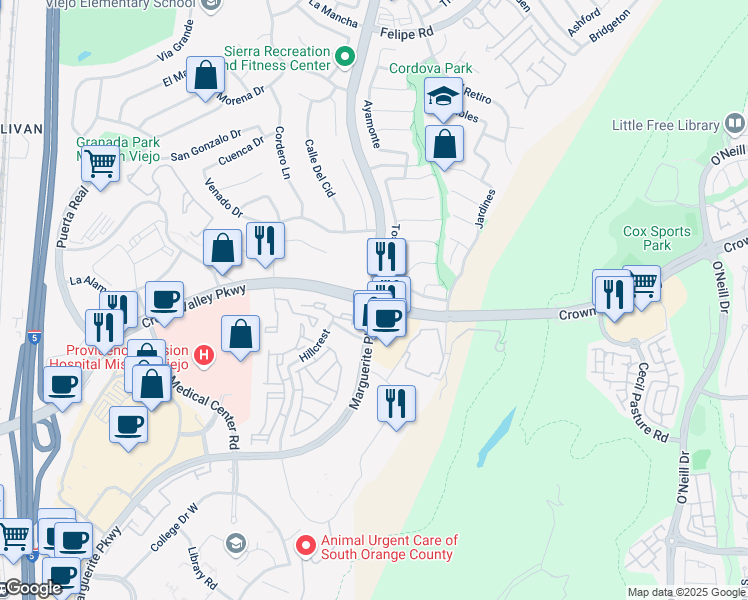 map of restaurants, bars, coffee shops, grocery stores, and more near Crown Valley Parkway & Marguerite Parkway in Mission Viejo