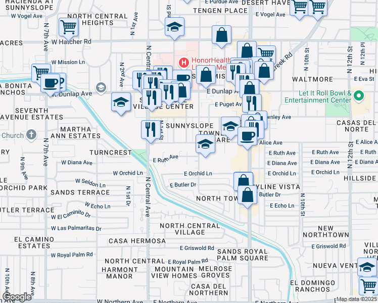 map of restaurants, bars, coffee shops, grocery stores, and more near 207 East Alice Avenue in Phoenix