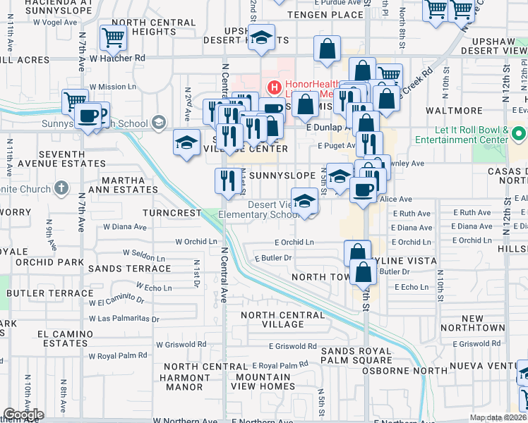 map of restaurants, bars, coffee shops, grocery stores, and more near 207 East Alice Avenue in Phoenix