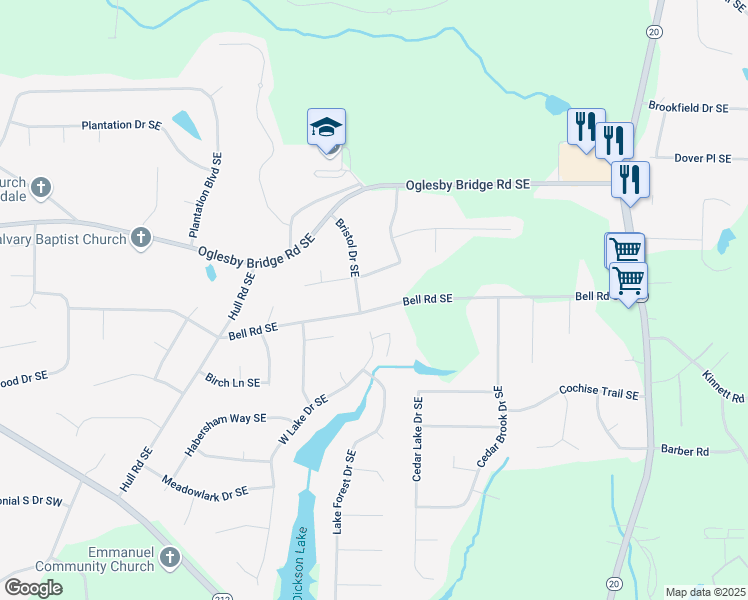 map of restaurants, bars, coffee shops, grocery stores, and more near 620 Bell Road Southeast in Conyers