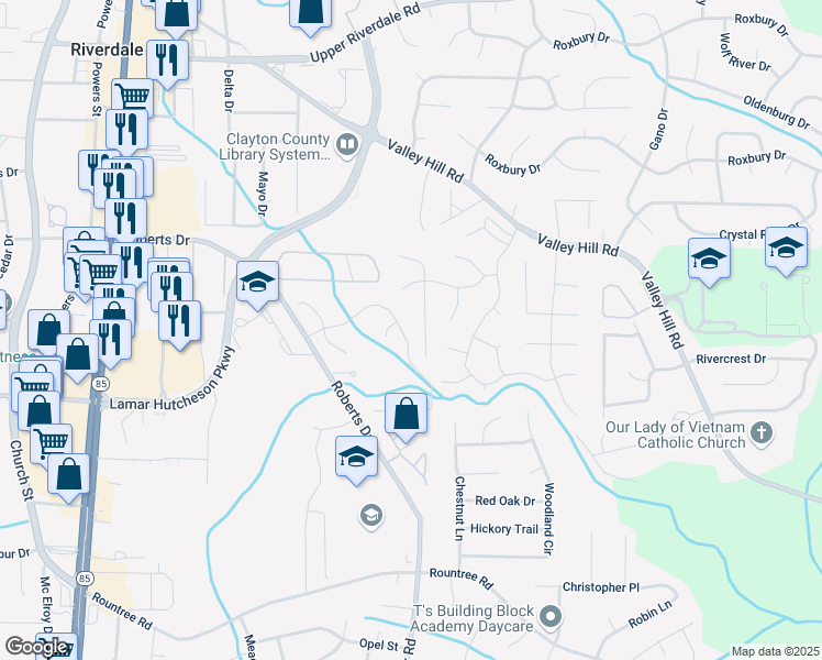 map of restaurants, bars, coffee shops, grocery stores, and more near 283 Brookview Drive in Riverdale