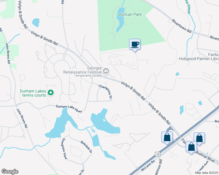 map of restaurants, bars, coffee shops, grocery stores, and more near 321 Champions Drive in Fairburn