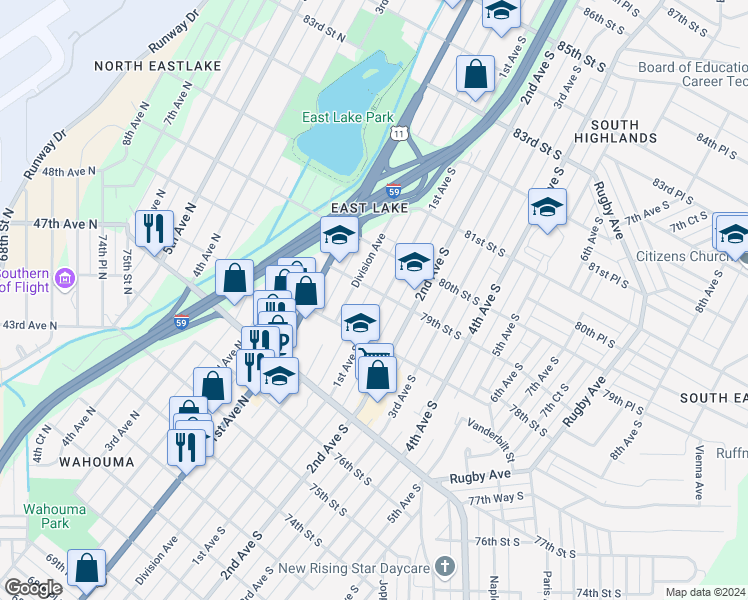 map of restaurants, bars, coffee shops, grocery stores, and more near 7841 Division Avenue in Birmingham
