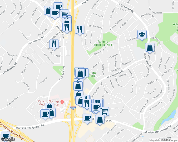 map of restaurants, bars, coffee shops, grocery stores, and more near 25445 Knollwood Drive in Murrieta