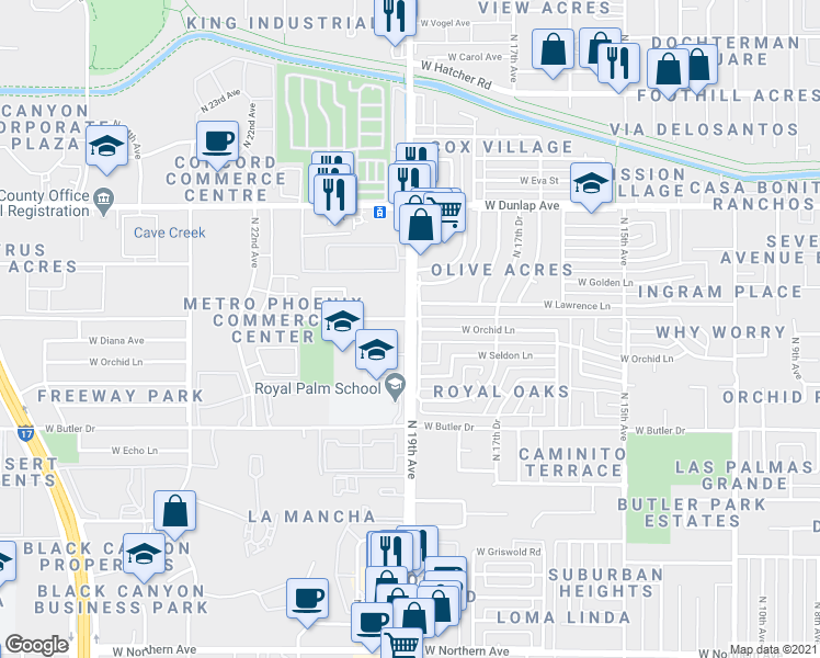 map of restaurants, bars, coffee shops, grocery stores, and more near N 19th Ave & W Orchid Ln in Phoenix