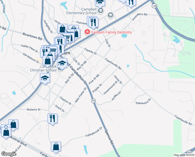 map of restaurants, bars, coffee shops, grocery stores, and more near 105 Pine Street Northeast in Fairburn