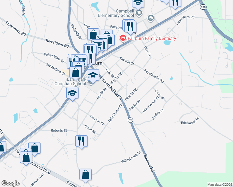map of restaurants, bars, coffee shops, grocery stores, and more near 168 East Campbellton Street in Fairburn