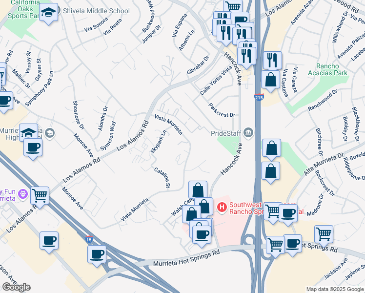 map of restaurants, bars, coffee shops, grocery stores, and more near 25255 Vista Murrieta in Murrieta