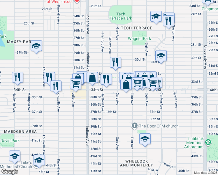 map of restaurants, bars, coffee shops, grocery stores, and more near 3211 33rd Street in Lubbock