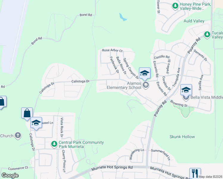 map of restaurants, bars, coffee shops, grocery stores, and more near 38373 Applewood Court in Murrieta