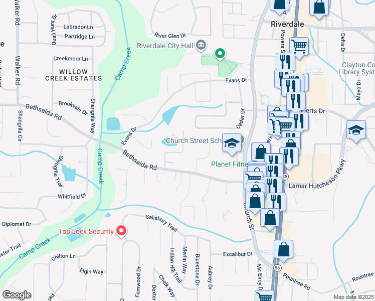 map of restaurants, bars, coffee shops, grocery stores, and more near 6950 Cheswick Drive in Riverdale