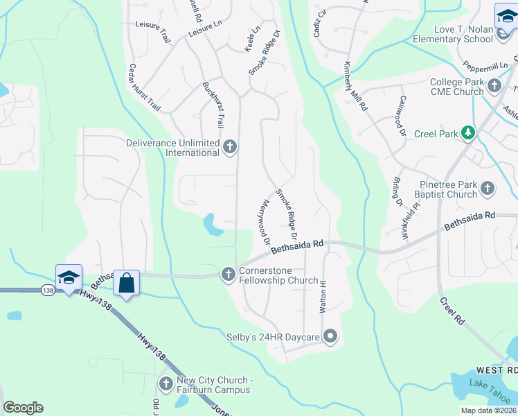 map of restaurants, bars, coffee shops, grocery stores, and more near 7000 Merrywood Drive in Fairburn