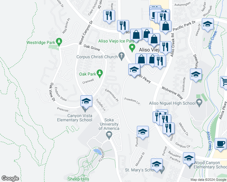map of restaurants, bars, coffee shops, grocery stores, and more near 19 Nopalitos Way in Aliso Viejo