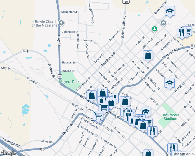 map of restaurants, bars, coffee shops, grocery stores, and more near 511 West Pecan Street in Bowie