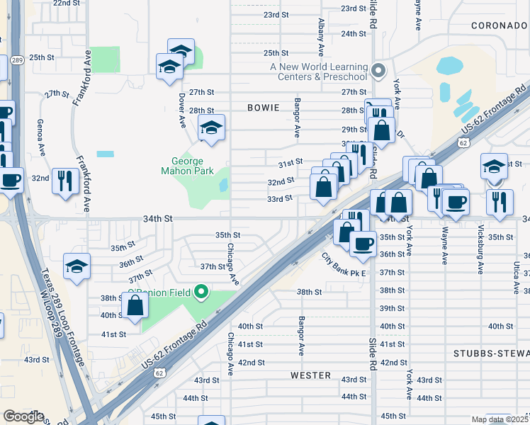 map of restaurants, bars, coffee shops, grocery stores, and more near 5423 33rd Street in Lubbock