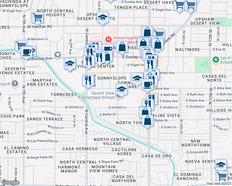 map of restaurants, bars, coffee shops, grocery stores, and more near in Phoenix