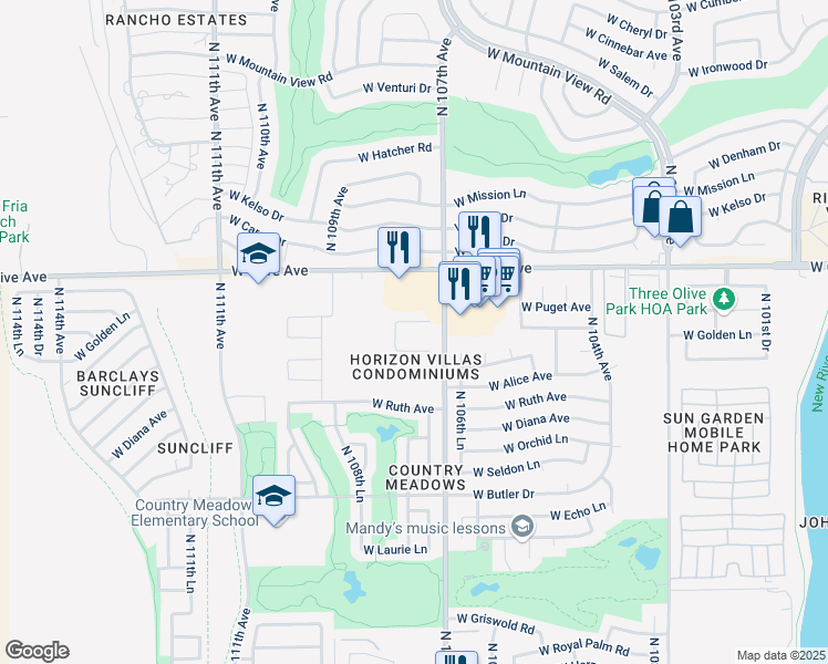 map of restaurants, bars, coffee shops, grocery stores, and more near 10847 West Olive Avenue in Peoria