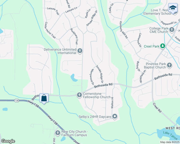 map of restaurants, bars, coffee shops, grocery stores, and more near 6980 Merrywood Drive in Fairburn