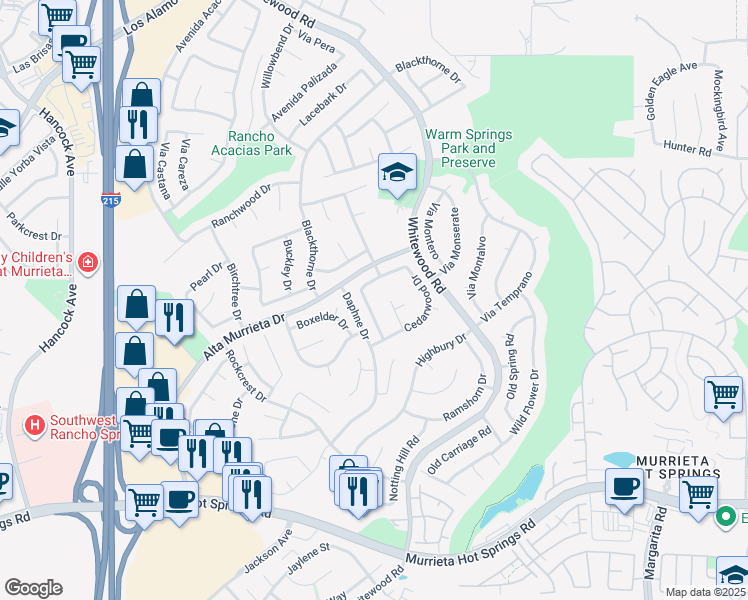 map of restaurants, bars, coffee shops, grocery stores, and more near 25490 Blackwood Road in Murrieta