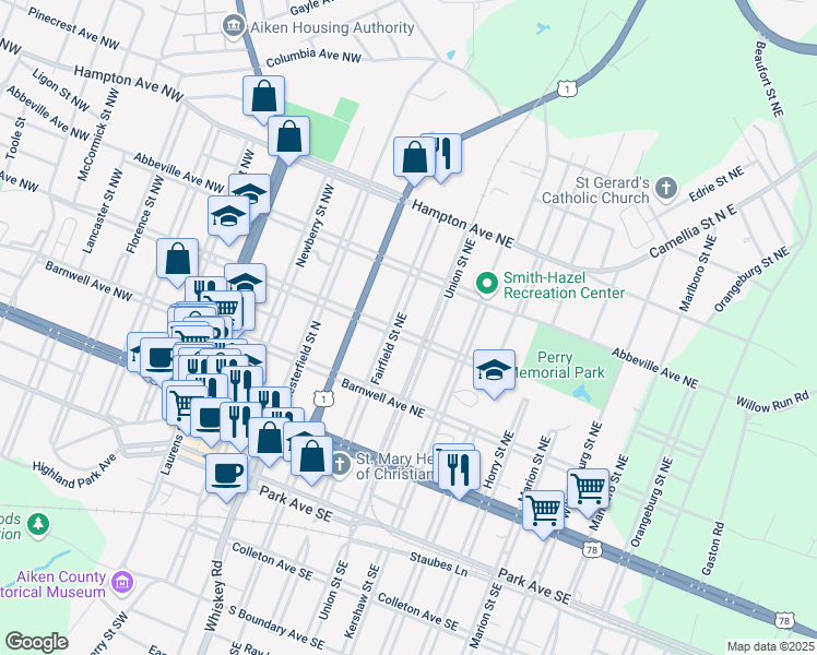 map of restaurants, bars, coffee shops, grocery stores, and more near 310 Edgefield Avenue Northeast in Aiken