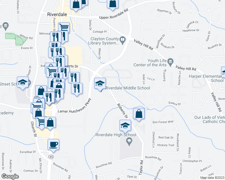 map of restaurants, bars, coffee shops, grocery stores, and more near 451 Brookview Drive in Riverdale