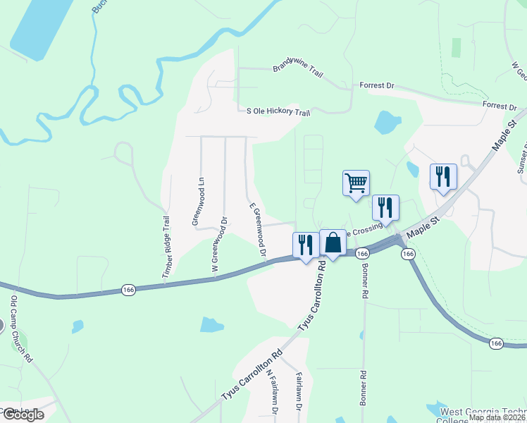 map of restaurants, bars, coffee shops, grocery stores, and more near 95 East Greenwood Drive in Carrollton