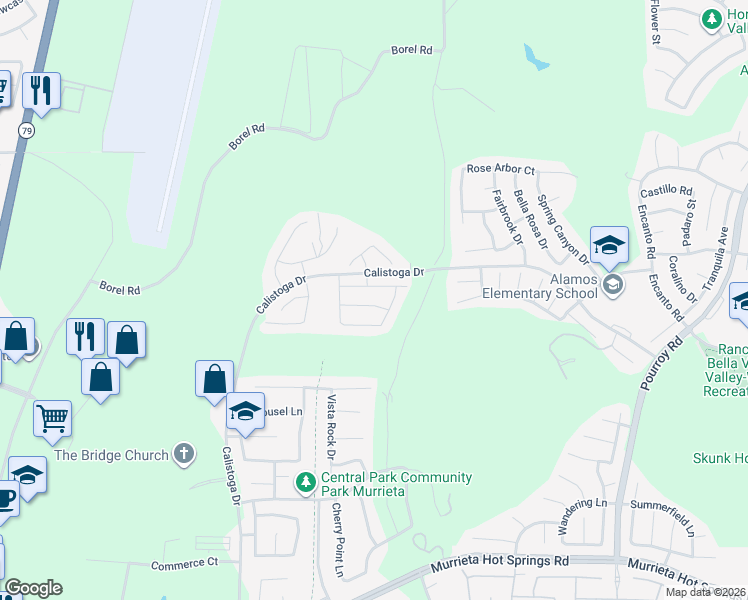 map of restaurants, bars, coffee shops, grocery stores, and more near 38565 Fairfield Heights in Murrieta