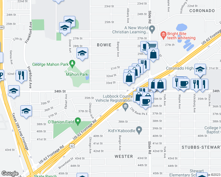 map of restaurants, bars, coffee shops, grocery stores, and more near 5412 34th Street in Lubbock