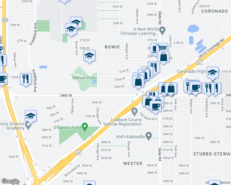 map of restaurants, bars, coffee shops, grocery stores, and more near 5418 34th Street in Lubbock