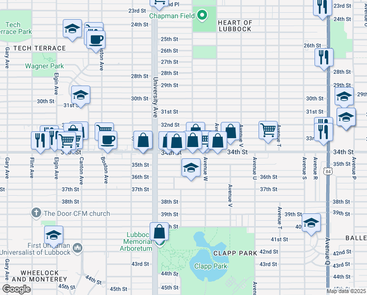 map of restaurants, bars, coffee shops, grocery stores, and more near 2405 33rd Street in Lubbock