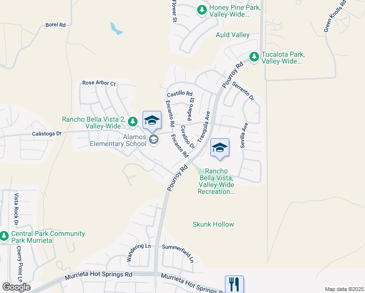 map of restaurants, bars, coffee shops, grocery stores, and more near 38434 Coralino Drive in Murrieta