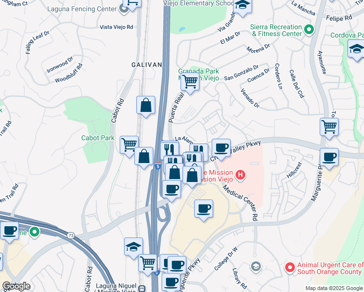 map of restaurants, bars, coffee shops, grocery stores, and more near 26300 La Alameda in Mission Viejo
