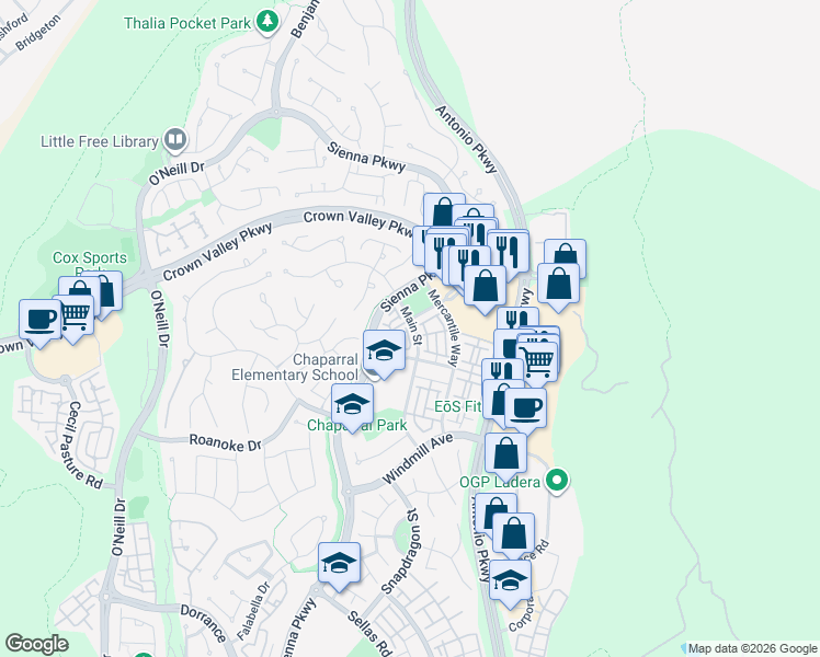 map of restaurants, bars, coffee shops, grocery stores, and more near 16 1st Street in Mission Viejo