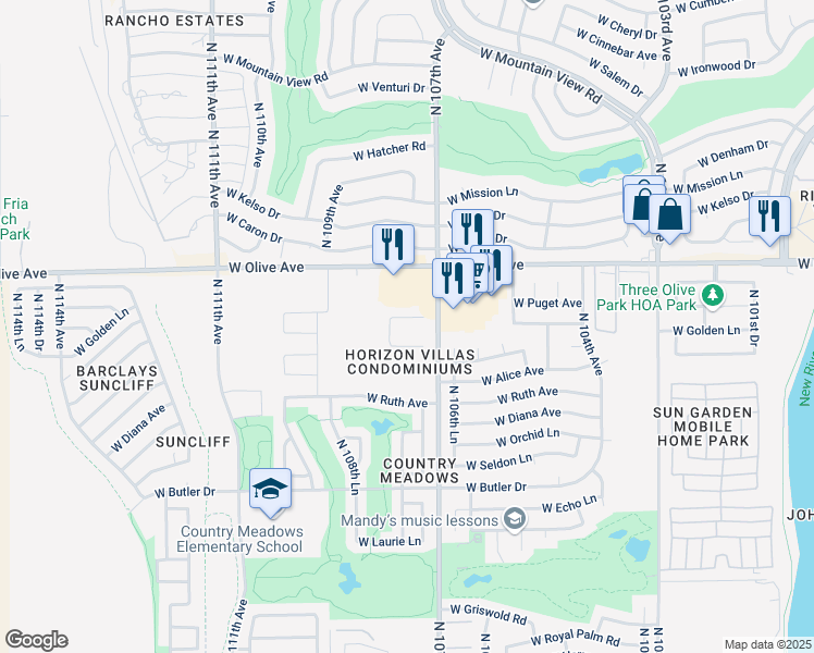 map of restaurants, bars, coffee shops, grocery stores, and more near 8880 North 107th Avenue in Peoria