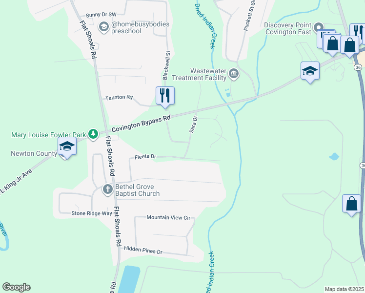 map of restaurants, bars, coffee shops, grocery stores, and more near 45 Sara Drive in Covington
