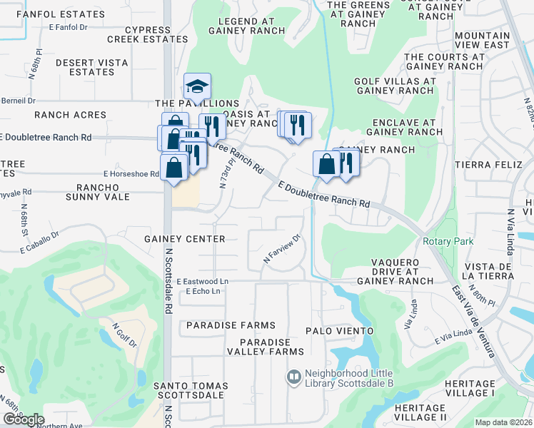map of restaurants, bars, coffee shops, grocery stores, and more near 7503 East Sunnyvale Drive in Scottsdale