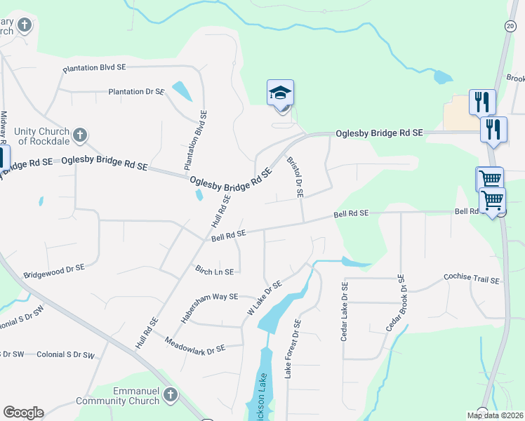 map of restaurants, bars, coffee shops, grocery stores, and more near 523 Windsor Drive Southeast in Conyers