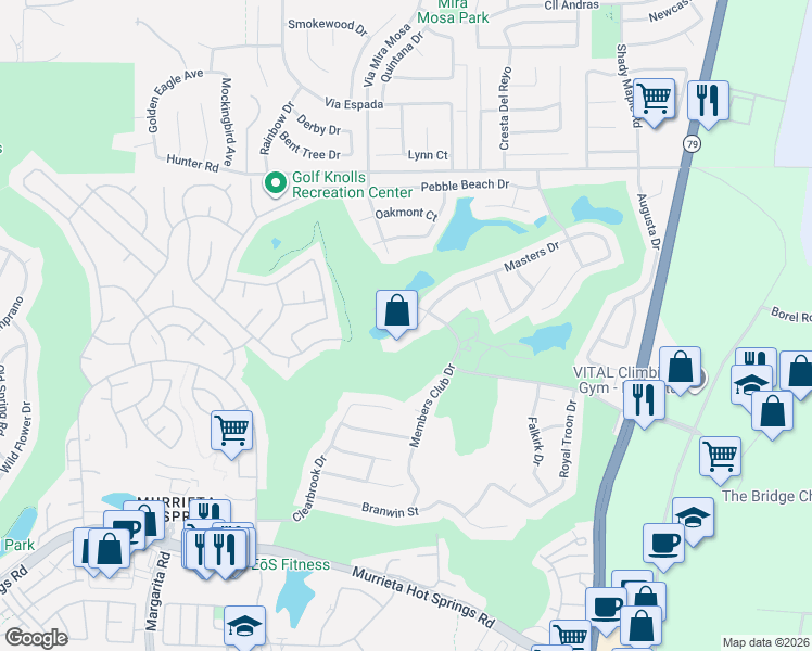 map of restaurants, bars, coffee shops, grocery stores, and more near 29314 Masters Drive in Murrieta