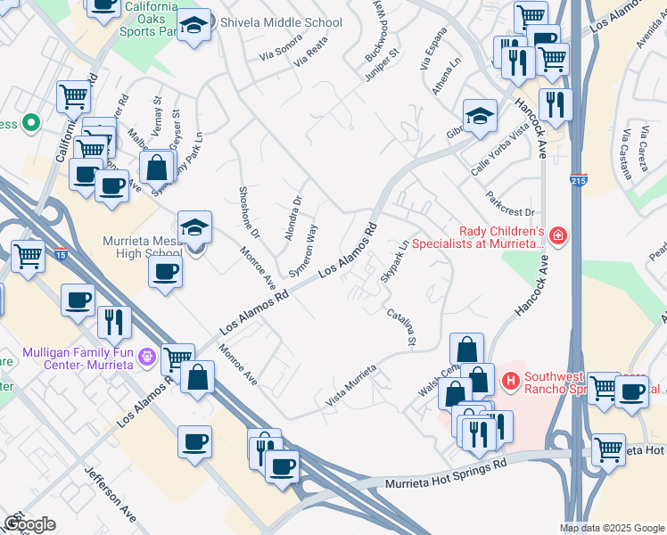 map of restaurants, bars, coffee shops, grocery stores, and more near 40518 Los Alamos Road in Murrieta
