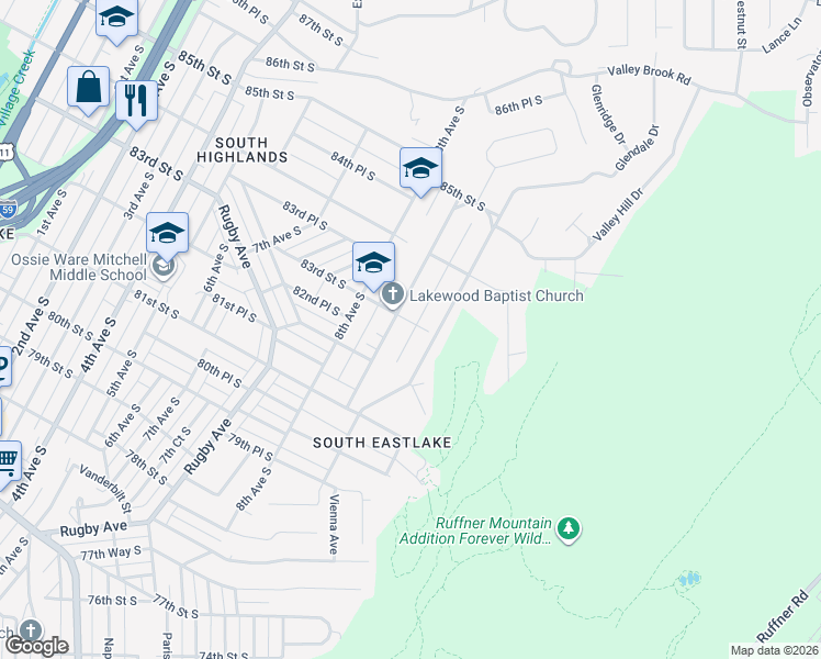 map of restaurants, bars, coffee shops, grocery stores, and more near 913 83rd Street South in Birmingham