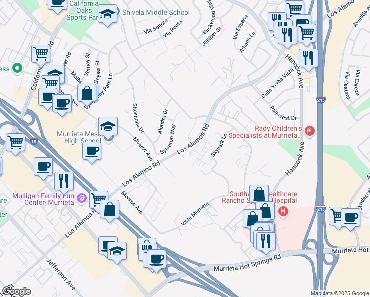 map of restaurants, bars, coffee shops, grocery stores, and more near 40628 Los Alamos Road in Murrieta
