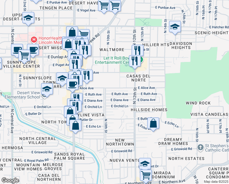 map of restaurants, bars, coffee shops, grocery stores, and more near in Phoenix
