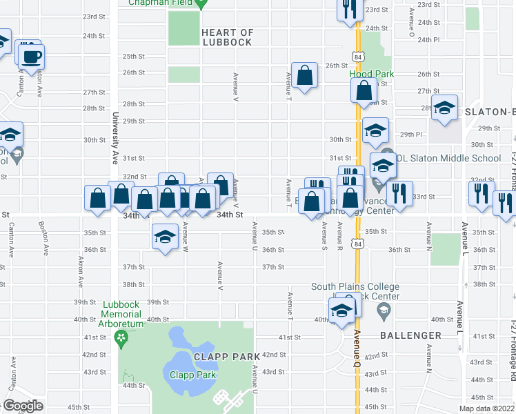 map of restaurants, bars, coffee shops, grocery stores, and more near 2105 33rd Street in Lubbock