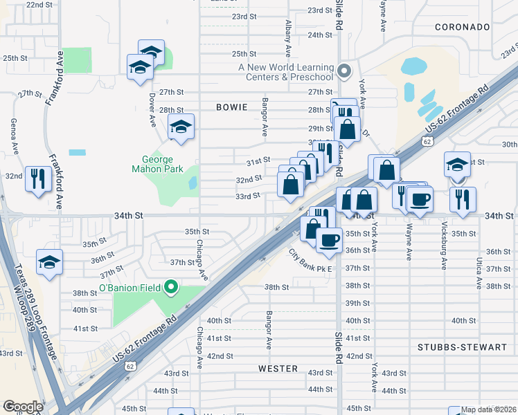 map of restaurants, bars, coffee shops, grocery stores, and more near 5409 33rd Street in Lubbock