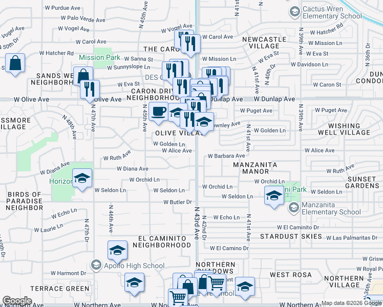 map of restaurants, bars, coffee shops, grocery stores, and more near in Phoenix